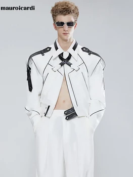 Mauroicardi 남성용 짧은 패치워크 가죽 재킷, 긴 소매 런웨이 멋진 럭셔리 디자이너 의류, 패션 2022, 봄 가을
