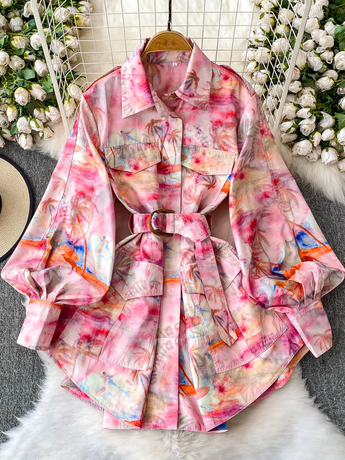 

Ele Printed irt Design with Lantern Sves Waist-Cinching Belt Slimming Mid-Length Workwear Jaet for Women