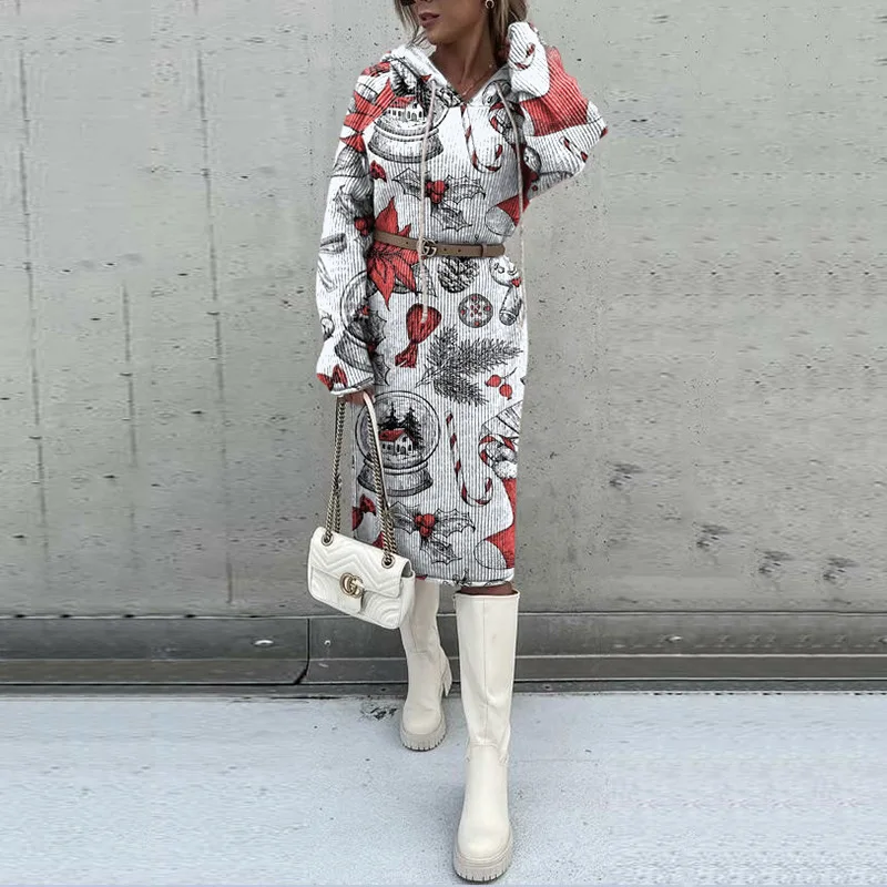 2022 New Autumn and Winter Fashion Temperament Sexy Hooded Long Dress Christmas Print Casual Elegant Women Boho Long Maxi Dress