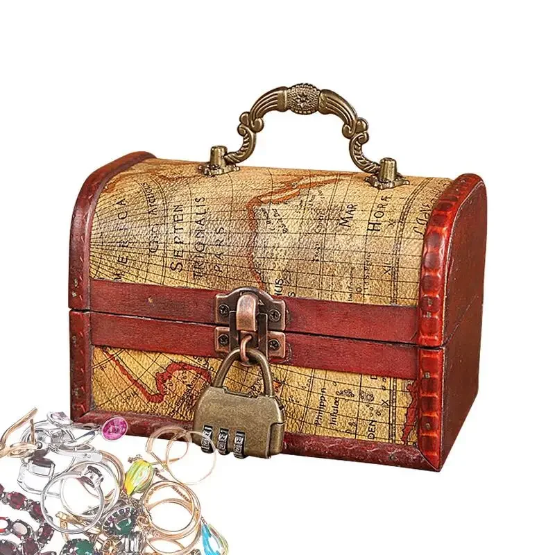 Cofre de Madera Pequeño, Cofre Pirata, Caja de Almacenamiento con Cerradura, Caja con Asa para Recuerdos, Tesoro para Joyas, Recuerdos y Monedas