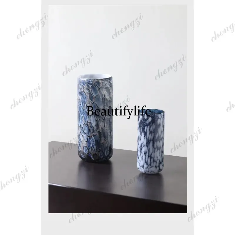 Q181 Blue Marble Pebble Straight Columnar Hydroponic Glass Vase Home Flowers Soft Decoration