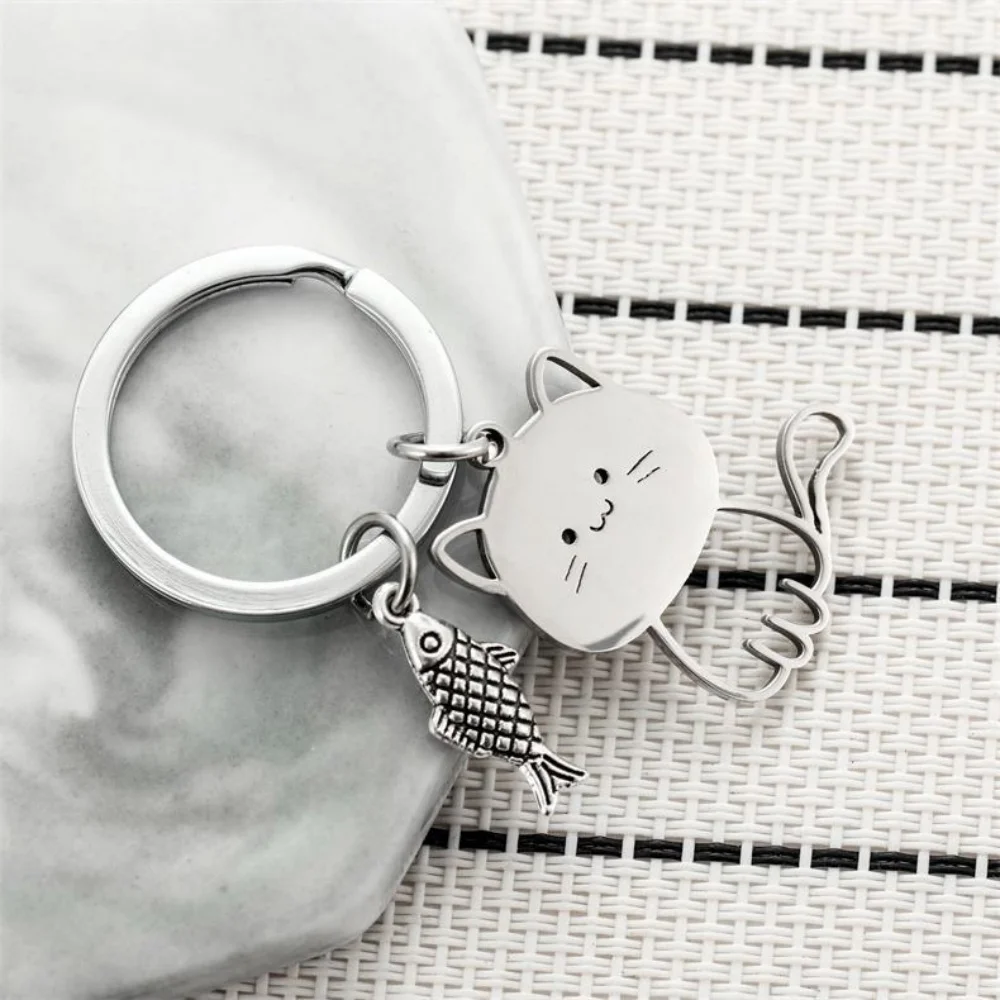 Stainless Steel Lovely Cat Keychain Couple Lover Animal Matching Key Chains Cat Eating Fish Pendants Valentine's Day Gifts