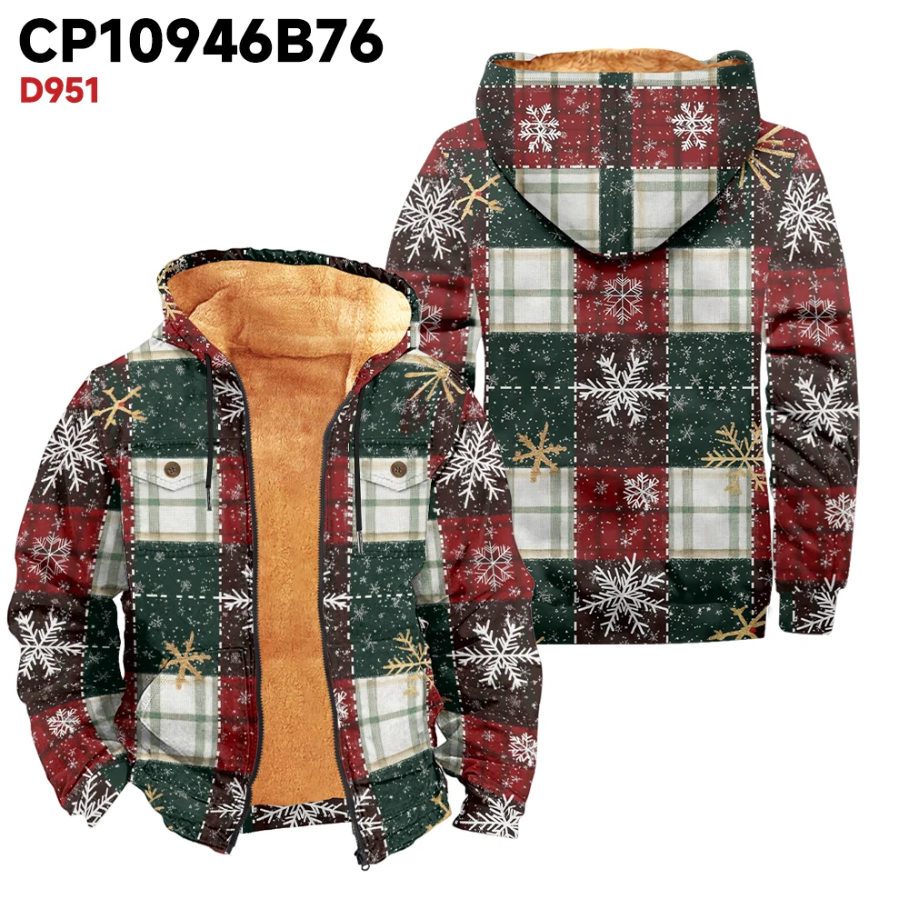 Men's winter jacket with simple red and green snowflake print, fashionable, avant-garde, thick and warm