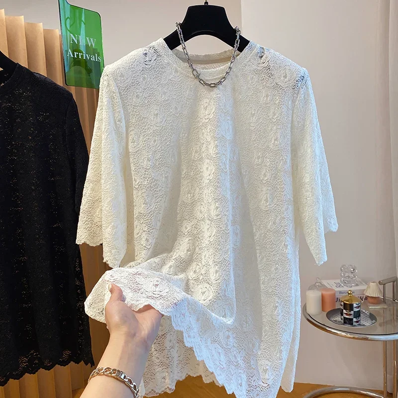 

Lace T Shirt for Women Solid Spring Summer Korean Fashion Elegant Ropa De Mujer Elegant Simple Loose Camisetas