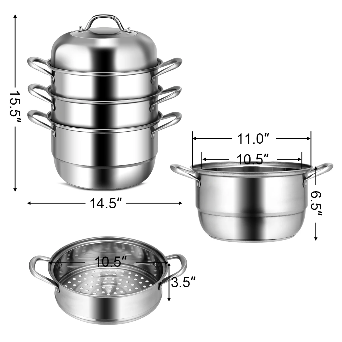 Costway 3 Tier 11 Inch Stainless Steel Steamer Set Cookware Pot Saucepot Double Boiler