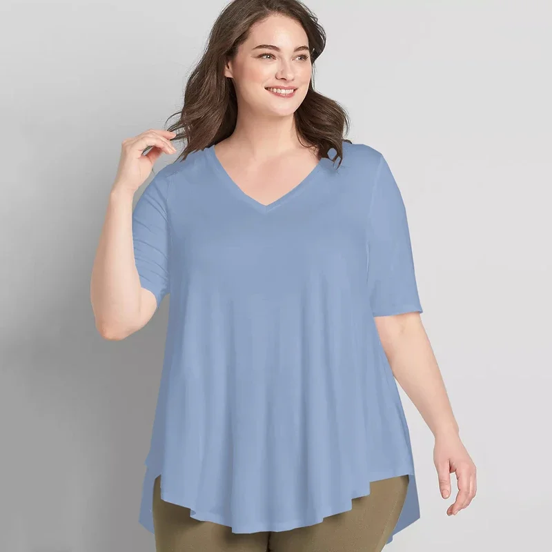 Manga curta feminina Túnica Alta Baixa Top, Plus Size, Decote V, Azul Claro, Ajuste Solto, Flare, Blusa Swing Básica, Top Casual Verão, 7XL, 8XL