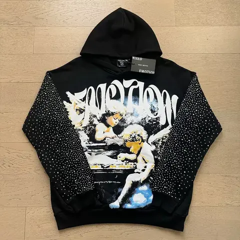 Mixed Emotion Angel Letter Print High Street Loose Hoodie Sweatshirt With Rhinestones Casual Wear for Men And Women