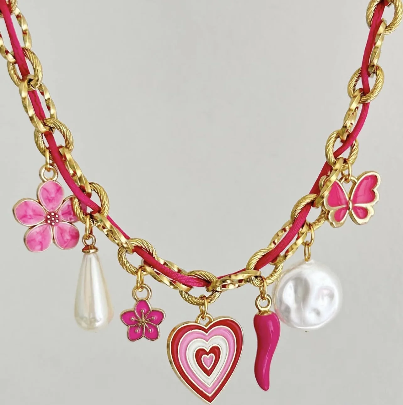 Popular Waterproof Diy Charm Necklace Stainless Steel 18K Gold Flower Pepper Heart Pearl Charms Necklaces