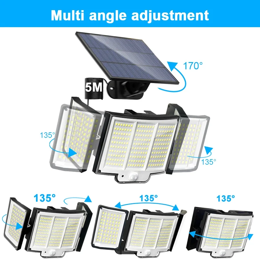 Solar Lights Outdoor 348 LED Motion Sensor Lights with Remote 3 Heads Solar Powered Flood Lights Security Lights for Outside