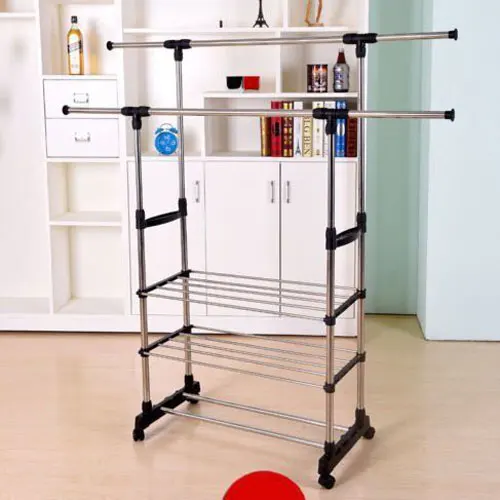Barras dobles Telescopio horizontal y vertical Estilo 3 niveles Ropa de acero inoxidable Zapatero para prendas B