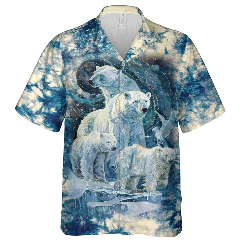 2024 New Cartoon Kawaii Polar Bear 3D Print Shirts For Men Funny Animal White Hawaiian Blouse Short-sleeved Streetwear Tops