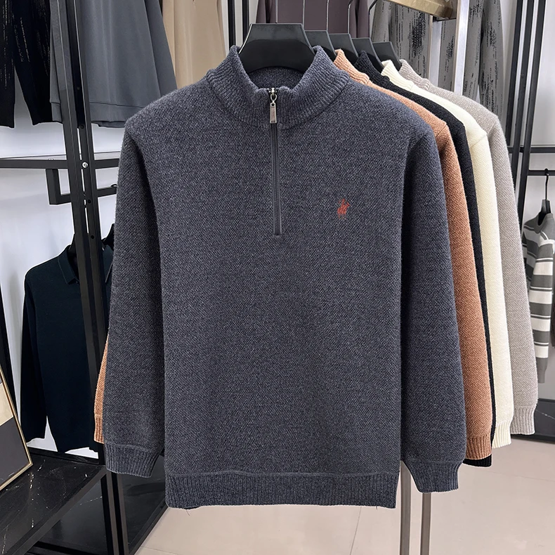 High-End-Markenpullover mit Reißverschluss und Stehkragen für Herren lässige Mode klassische Paul-Stickerei Winter neuer warmer Strickpullover aus Plüsch – Detail 10