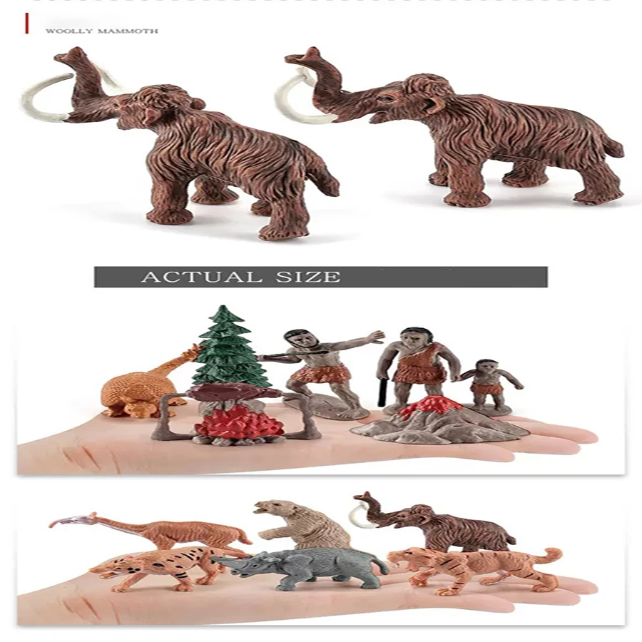 6PC-Prehistorische Mensen Leven Scène Menselijke Evolutie Wilde Sabeltandige Tijger Mammoet Dieren Model Actiefiguren Collectie speelgoed