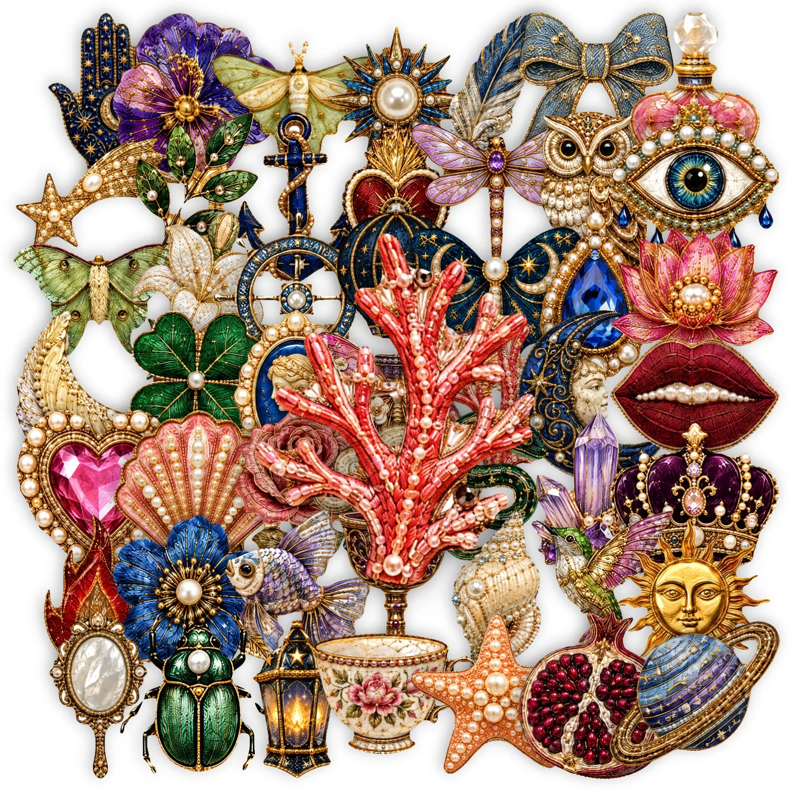 50 PCS Baroque Retro Gorgeous Pearl Gem Crown Flower Transparent Stickers Thermos Cup Phone Laptop Waterproof Decals