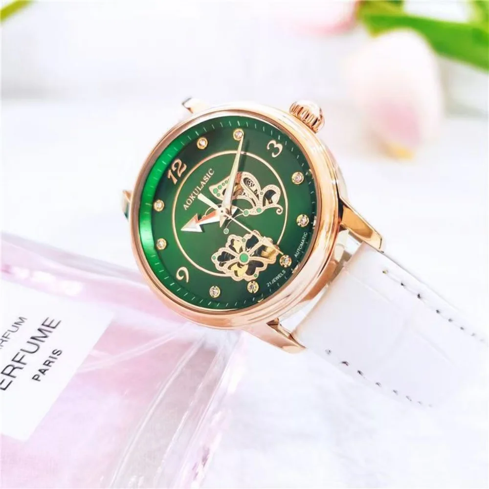 Elegant Women's Fully Automatic Skeleton Watch with Diamond Inlays