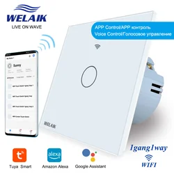 WELAIK EU Tuya Smart life Alexa WIFI Switch 80*80mm Touch Switch 1gang1way Crystal Glass Panel Intelligent Lamp Switch