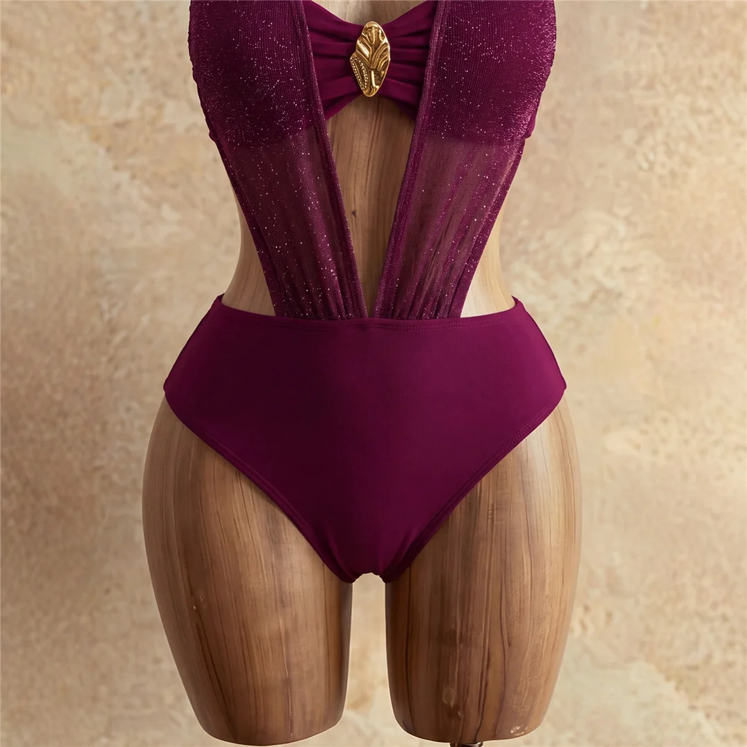 XS - L Tiefer V-Ausschnitt, Neckholder, transparentes Netz, Damen-Badeanzug, einteiliger Badeanzug, rückenfreier Monokini, Badebekleidung, Badeanzug, Modell V8308 – Detail 7