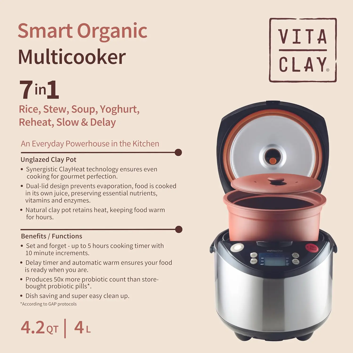 Smart Organic Clay Pot Multi Cooker - Toxin Free Clay Rice Cooker, Delay Start Slow Cooker, Stew Cooker, Electric Soup