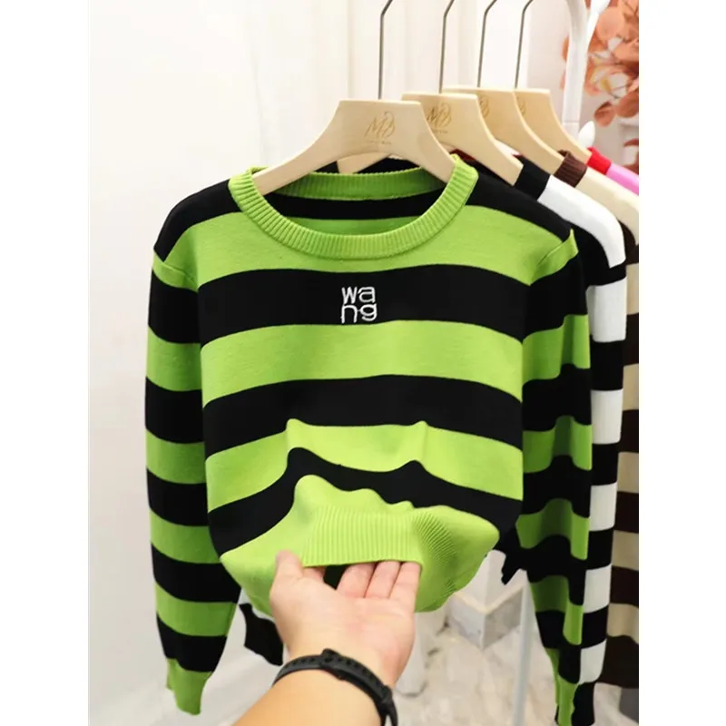Suéter feminino de malha listrada Or, roupa interna Street Sle redondo Ne Long Sve Slim Fit Estampado Outro material 00% outono F...