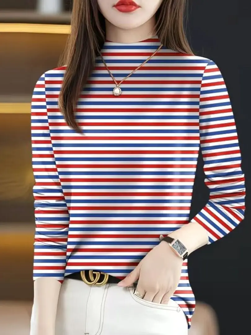Fashionable Long Sleeve Printed T-Shirt Women's Casual Style High Neck Top Trendy Spring 2026 Garment from China for Ladies