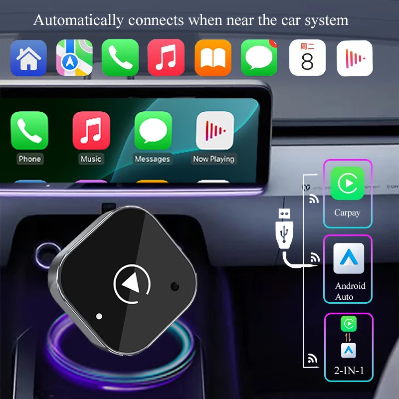 2in1 Wireless CarPlay Adapter Android Auto Wired to Wireless Automatic Connection AI Smart Box for All Cars With Wired CarPlay