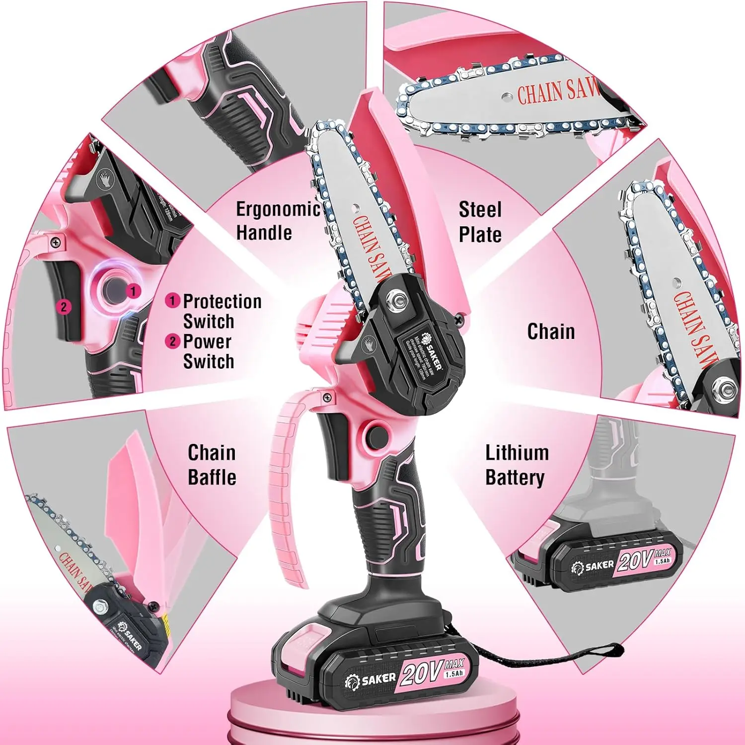 Mini Chainsaw,Portable Electric Pink Mini Chainsaw Cordless,Handheld Chainsaw for Tree Branches,Courtyard, Household