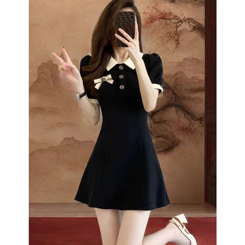 2024 Summer Women Sweet Bowknot Polo T Shirts Mini Dress Korean Preppy Style Lady Patchwork Slim Dresses Daily Joker Clothing