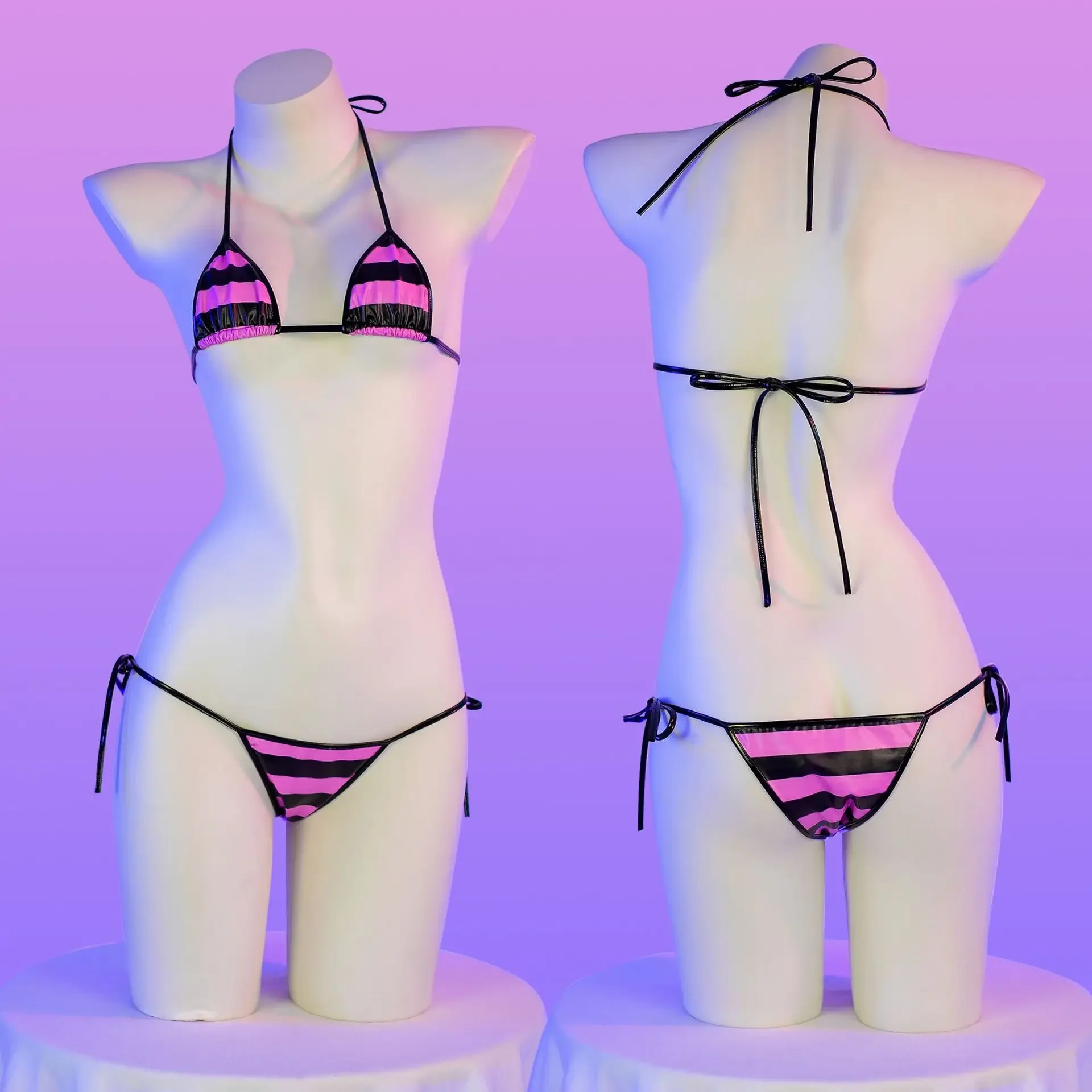

PU Leather Micro Bikini Set Women Swimsuit Japanese Kawaii Stripes Bra Set Sexy Lingerie Underwear Summer Swimwear Costume