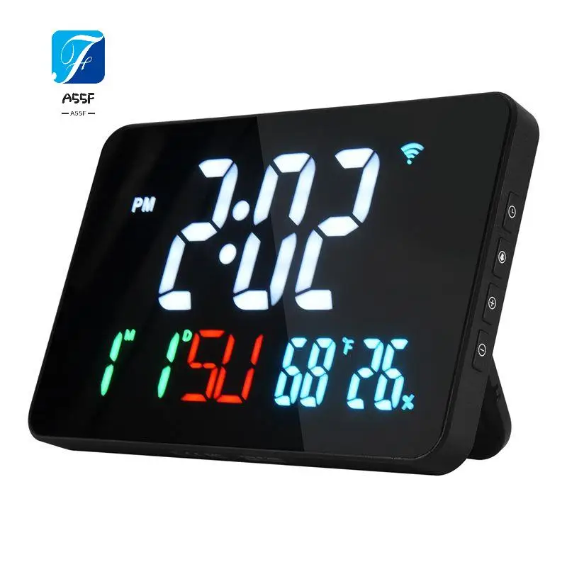 A55F-Digital Clock Alarm Clock Wifi Clock, Extra Large Letters, Temperature And Humidity, Calendar, Week, 4-Level Brightness