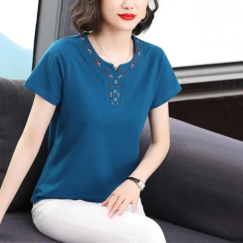 New Summer Women\'s Solid Color Splicing O-Neck Short Sleeve Loose Plus Size Thin Embroidery Button Fashion Casual Tops