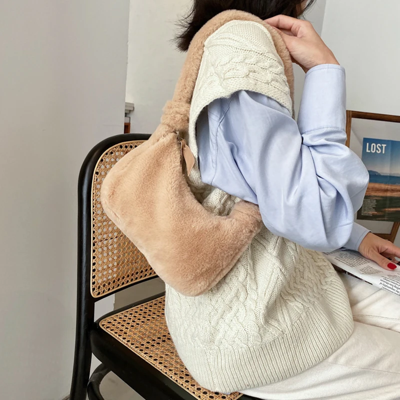 Women Soft Plush Hobos Shoulder Bags Winter Ladies Totes Bags Handbag Fashion Female Underarm Bag