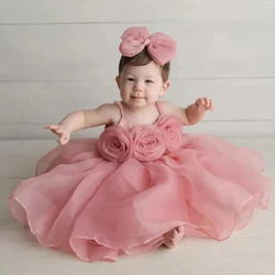 Vestido rosa de Ceremonia de flores grandes para niña, ropa de 1er cumpleaños para bebé, vestido de tutú de princesa de bautismo, vestidos para niñas recién nacidas, vestido de fiesta