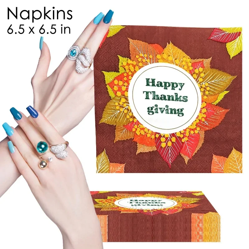 10/20pcs 33cm 2-Ply Thanksgiving Elements Autumn Maple Leaf Fruit Happy Thanksgiving Coloured Napkins Paper Placemats