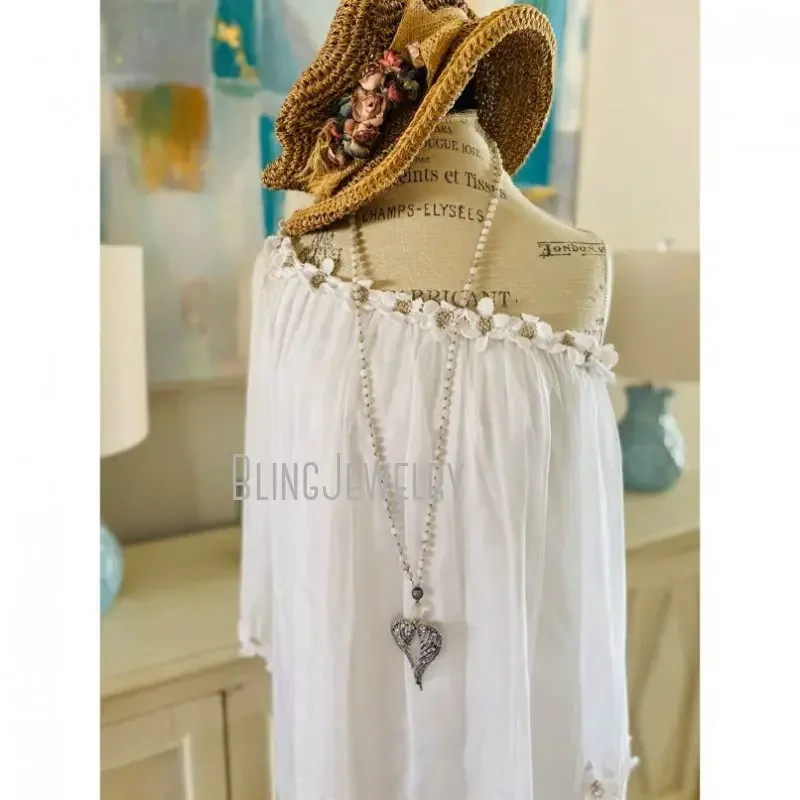 5pcs Angel Wing Pendant Long Layer Necklace Women Natural Stone Agate Bead Grunge Y2k Jewelry One Piece Aesthetic Boho Jewelry