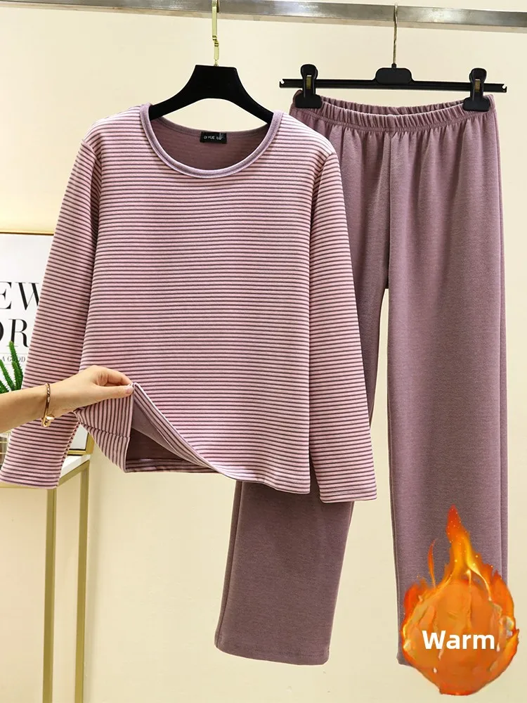 Thiened Fluffy Домашняя одежда для отдыха Женские зимние пижамы Long Sve круглый комплект из двух предметов Свободная домашняя одежда для отдыха