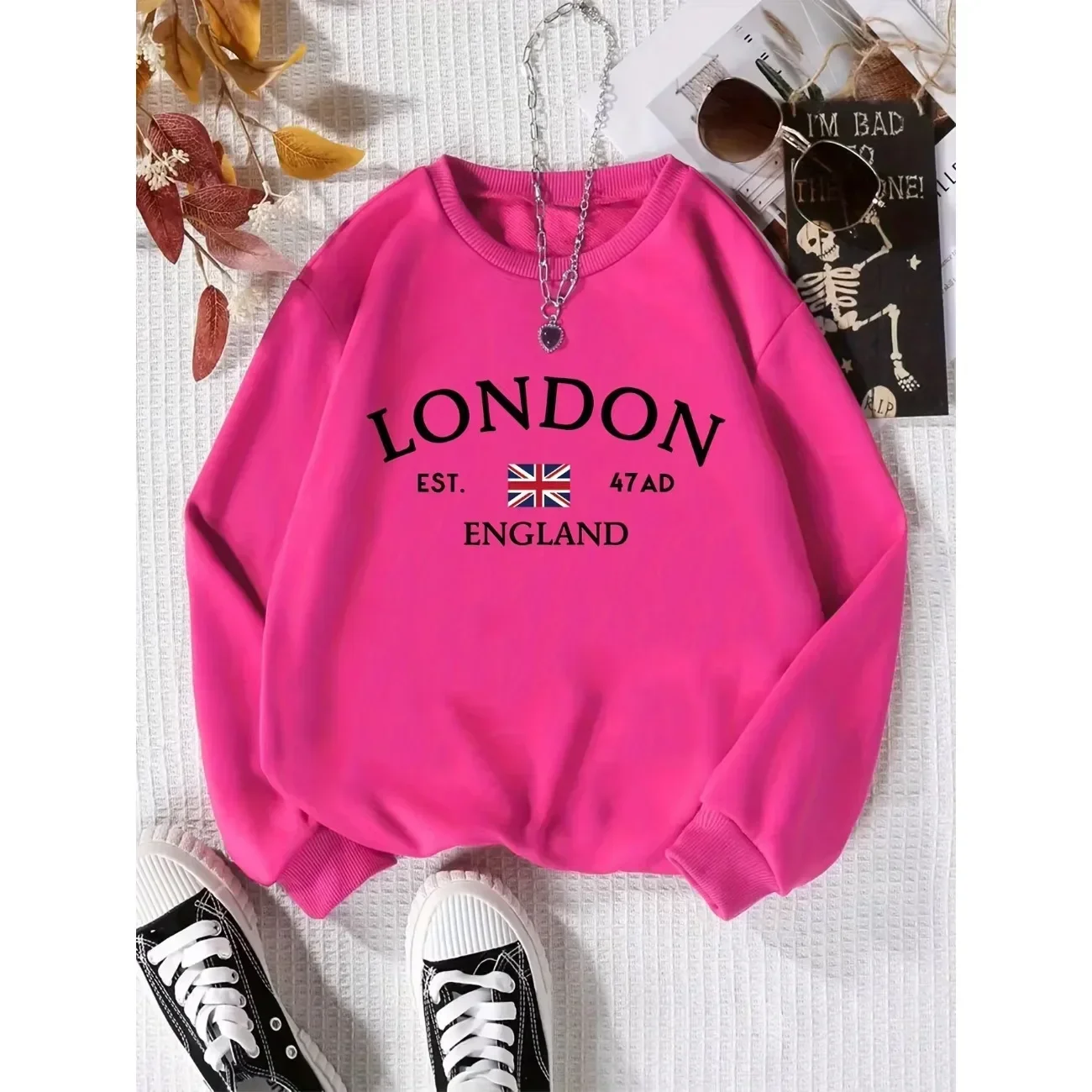 LONDON ENGLAND Design Print, Girl\'s Fashion Cozy Sweatshirt, Casual Long Sleeve Pullover Sweatshirt for Autumn and Winter Hoodie