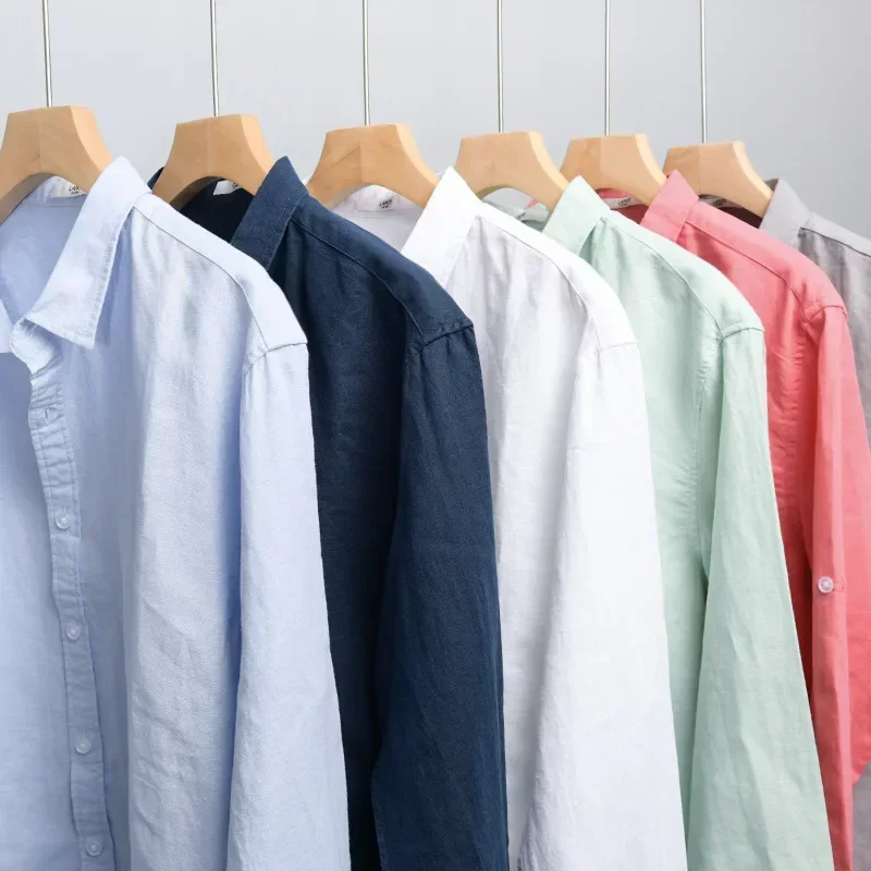 

Summer Fresh Shirts for Man Japanese Casual Mens Shirt 4XL Beachwear Lapel Cotton Linen Shirt Men Breathable Top Simple Style