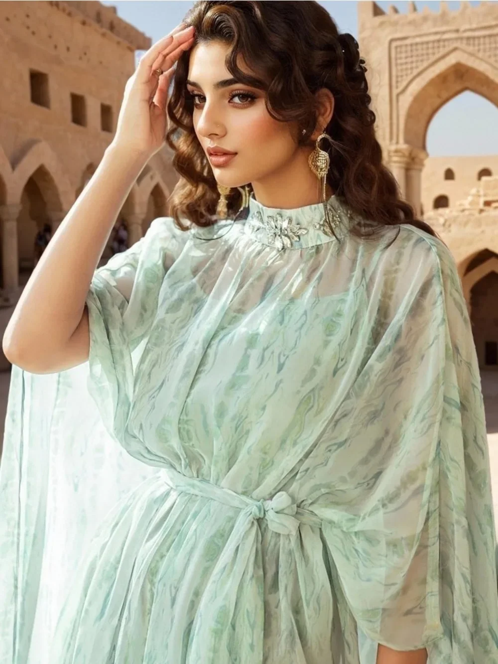 ชุดเดรสผู้หญิงสำหรับวันอีด ชุดมุสลิม อบายะ ผ้าชีฟอง ประดับเพชร ชุดเดรสยาวสำหรับงานปาร์ตี้ คาฟตัน จาลาบียะ รอมฎอน คาฟตันหรูหรา ชุดคลุมยาวแบบอาหรับ 2025