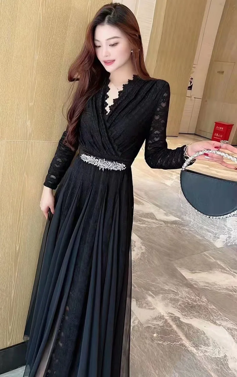 Top Quality New 2023 Spring Long Dress Evening Party Women scollo a v Lace Tulle Mesh Patchwork manica lunga Black Maxi Dress Luxury