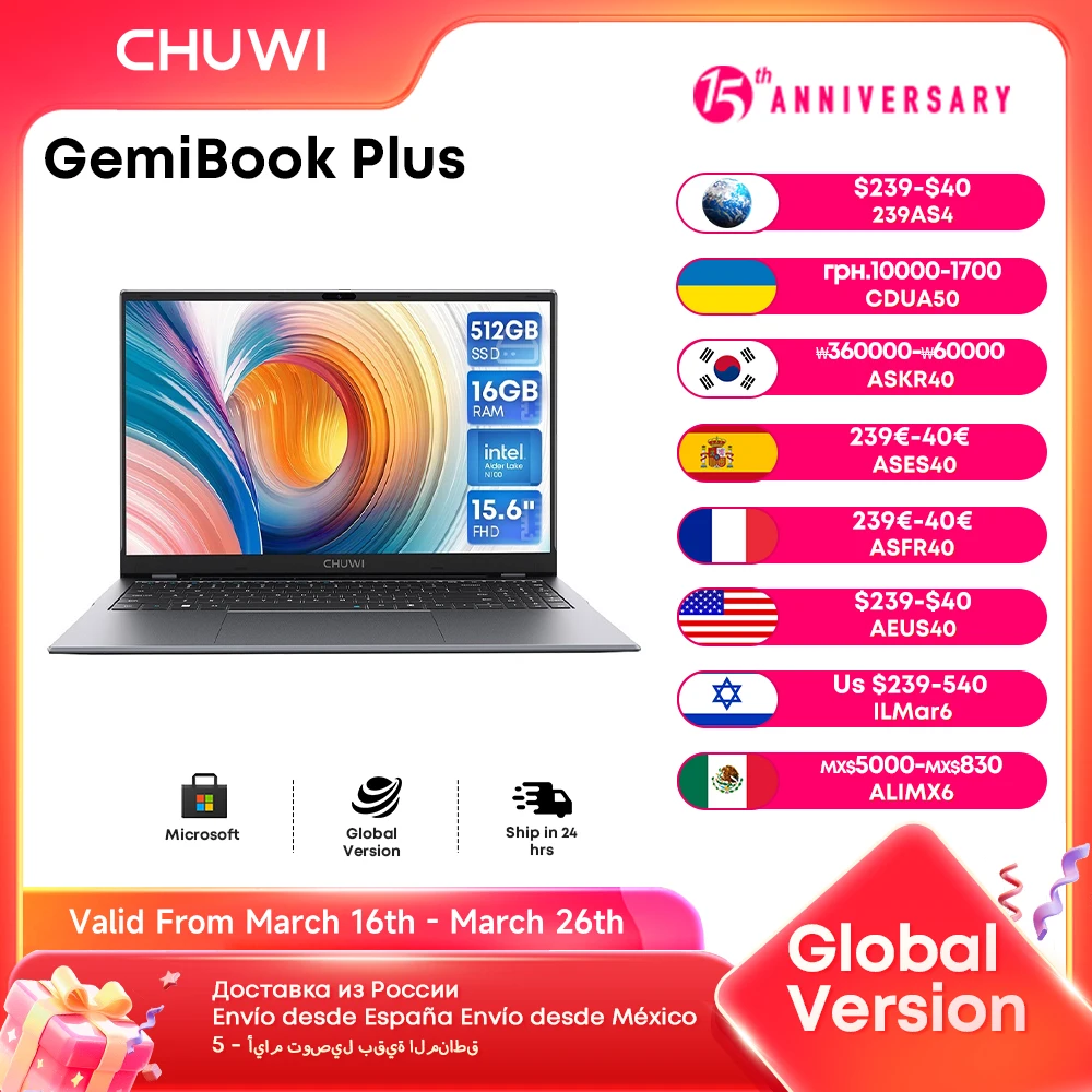 CHUWI-Portátil GemiBook Plus com ventoinha, Gráficos Intel N100, 12ª Geração, 15.6 ", 1920*1080p, 16GB de RAM, 512GB SSD, Windows 11