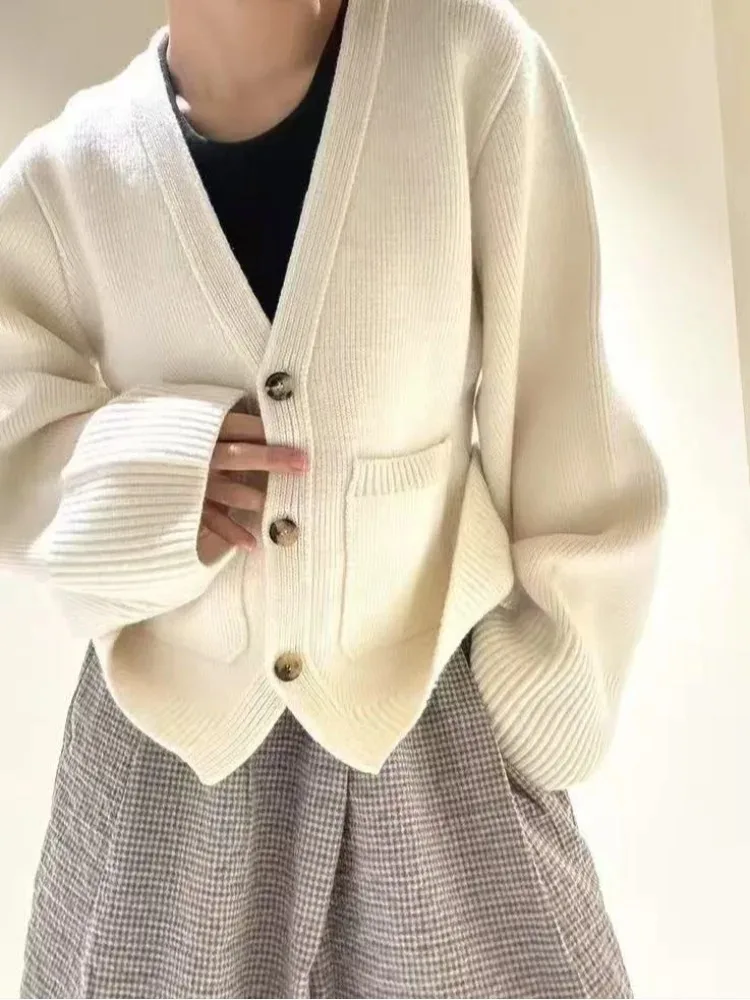 

Женский вязаный кардиган, однотонный, с длинным рукавом, с v-образным вырезом, в рубчик, осень 2024, новое пальто, женский вязаный кардиган, топы 2024 г.