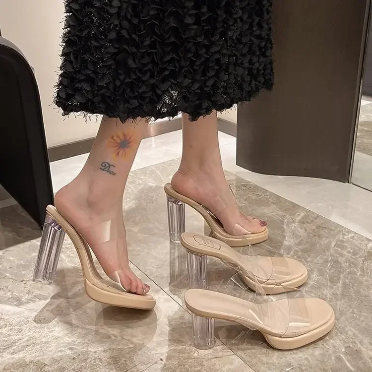 

Женские летние тапочки на высоком каблуке, прозрачные модные тапочки, непромокаемые модные сандалии на массивном каблуке с открытым носком