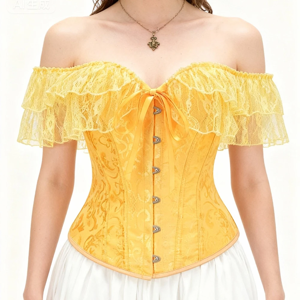 

Желтые жаккардовые и кружевные оборки, элегантные корсеты на костях, топ, сексуальный корсет, винтажная одежда, викторианская женская готическая бюстье y2k