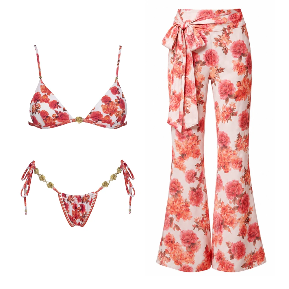 Sexy Bikini Swimsuit with Skirt Print Swimwear Women Brazilian Bikini 3 Pcs Resort Wear Bathing Suit A Line Skirt Summer Female