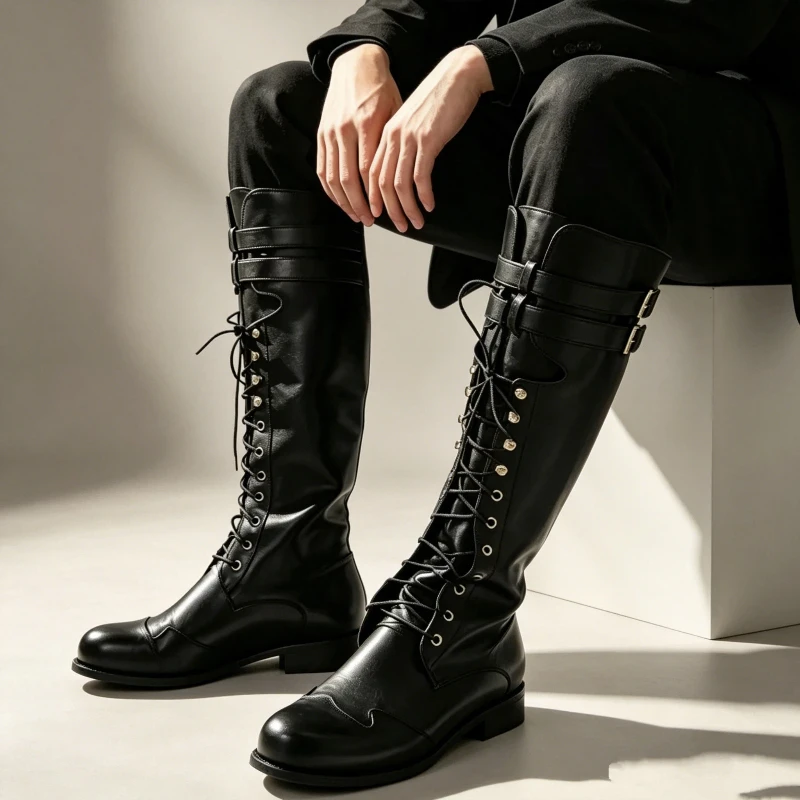 Motorcycle Retro Lace-Up Boots Plus Size Men's Motorcycle Footwear Medieval Cool Punk Cosplay Pirate PU Leather High Shoes