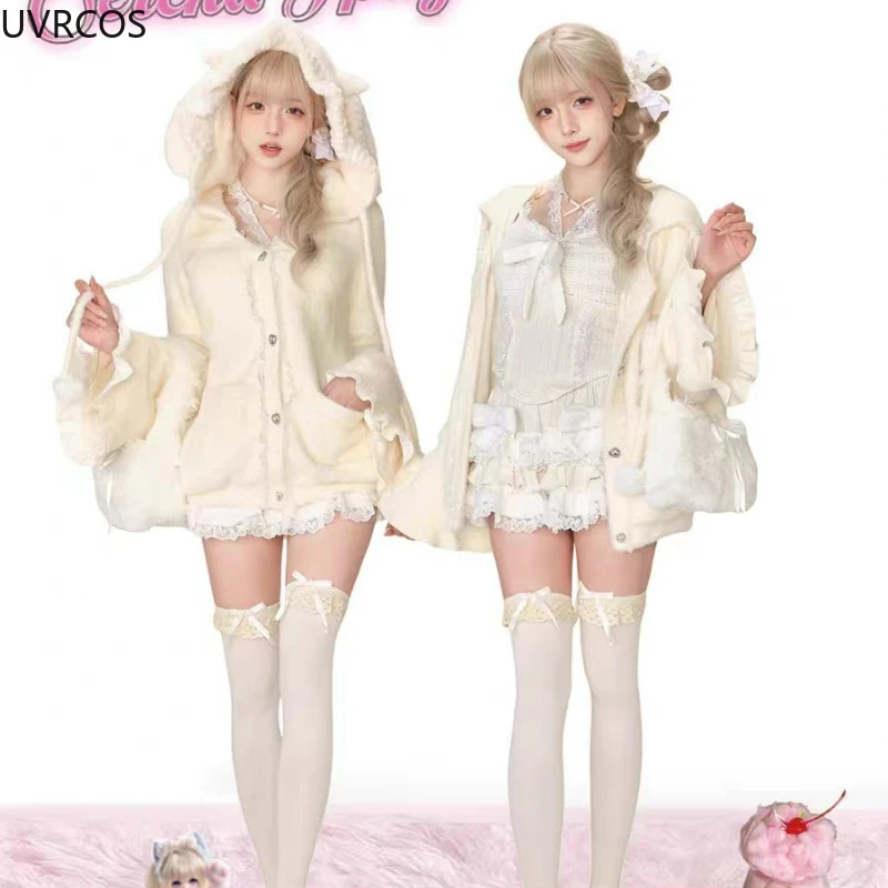 Winter Sweet Lolita Style 2 Piece Sets Woman Kawaii Ear Hooded Coat Cute High Waist Cake Mini Skirts Female Korean Fashion Suit