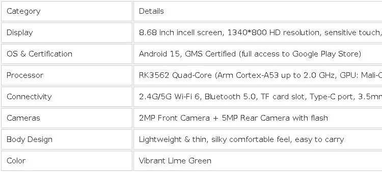 Paitanry Android 15 Tablet 8.68 Inch 8GB(3GB+5GB Expand) RAM 64GB ROM 5000mAh WiFi Bluetooth HD Portable Lightweigt Tablet PC