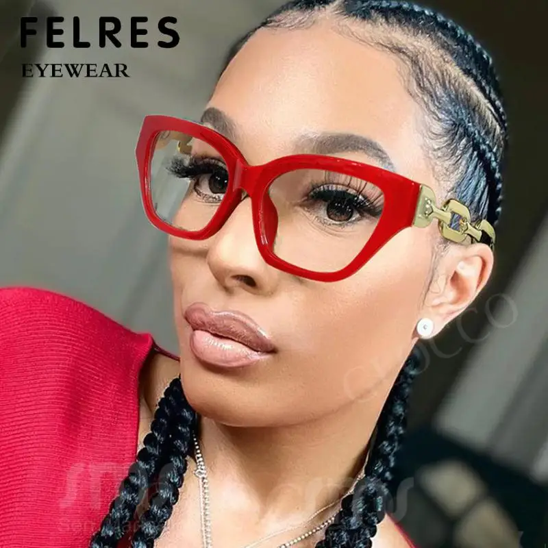 Vintage Frame Clear Reading Glasses Women Sexy Cat Eye Anti Blue Light Glasses Luxury Designer Big Chain Optical Eyeglasses