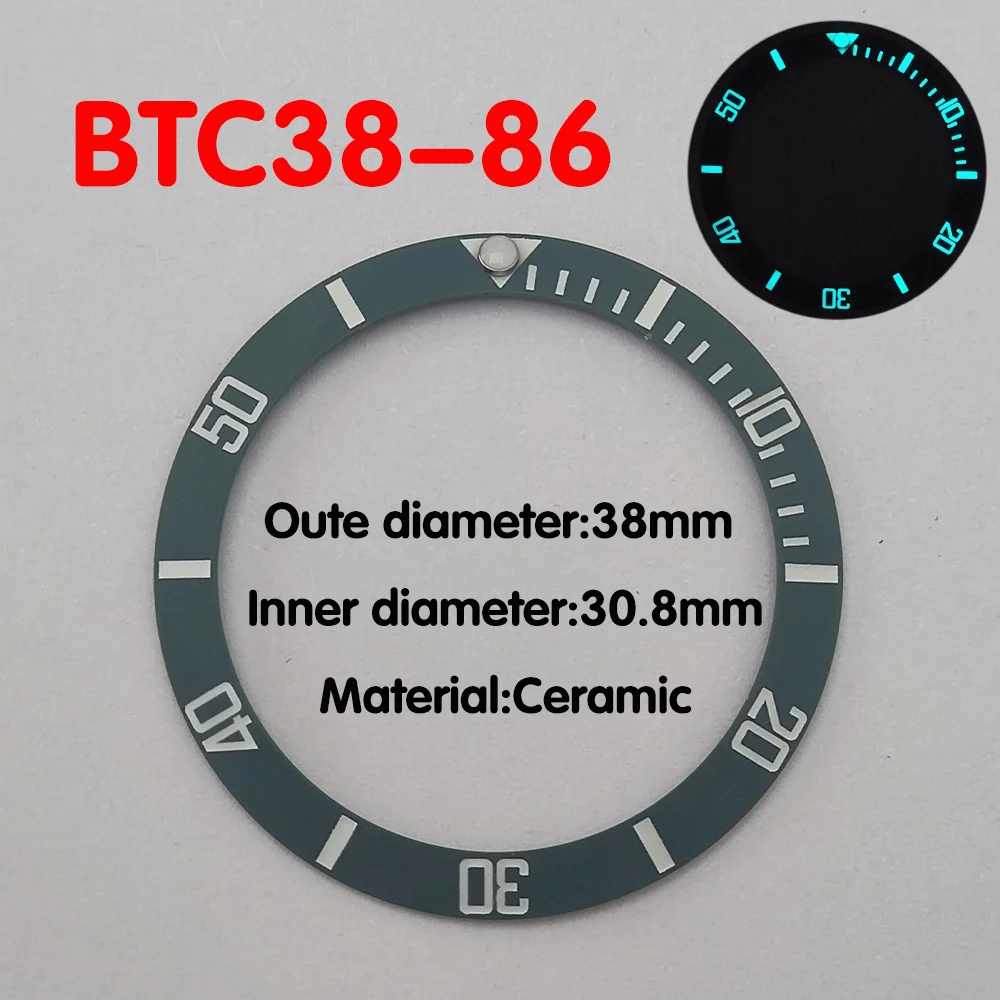 حلقة إدراج حافة سيراميك منحدرة مضيئة للرجال ، استبدال ساعة ميكانيكية ، استبدال GMT ، القطر الداخلي ، 38 ، أزرق وأخضر