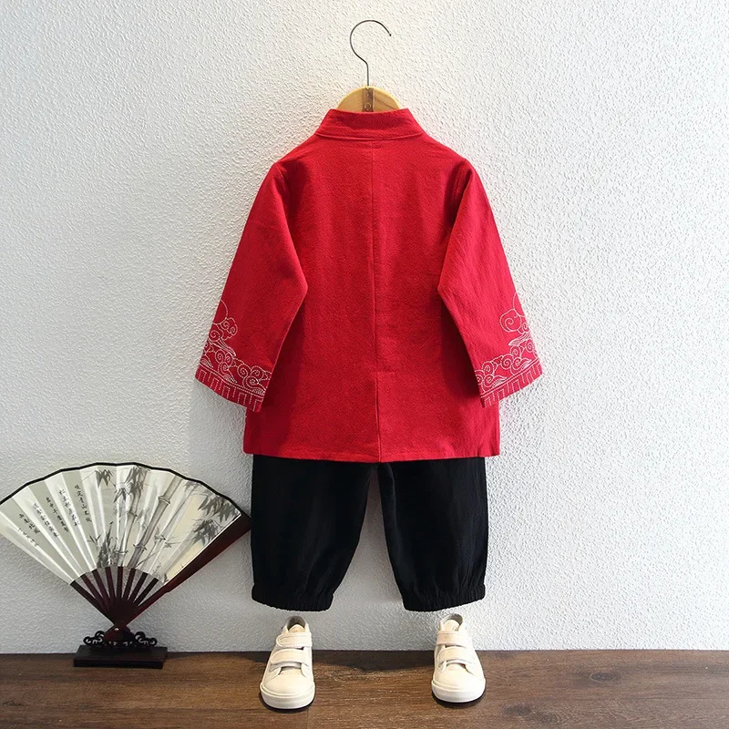 Fato Tang estilo chinês para crianças, roupa antiga de bebê, jaqueta manga comprida, conjunto de saia e calças, fantasia hanfu para meninos e meninas, primavera